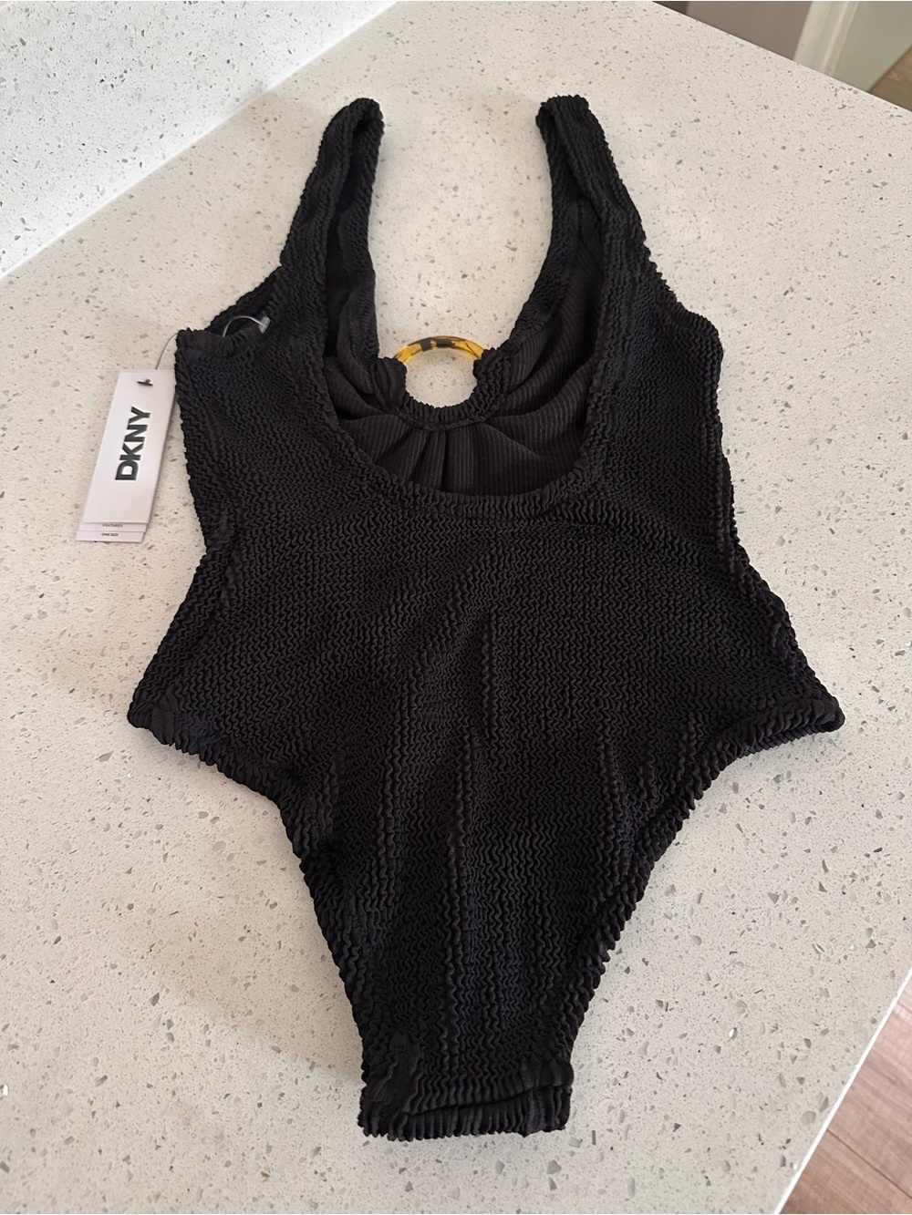 New DKNY Black Textured Crinkle Swimsuit O-Ring One-Piece Bathing Suit Vacation - Picture 3 of 14